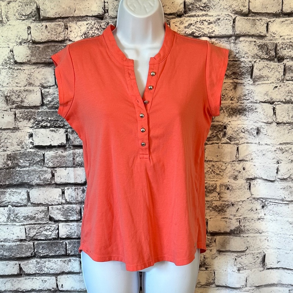 Calin Klien Coral Cap Sleeve Partial Button up T-shirt Size S